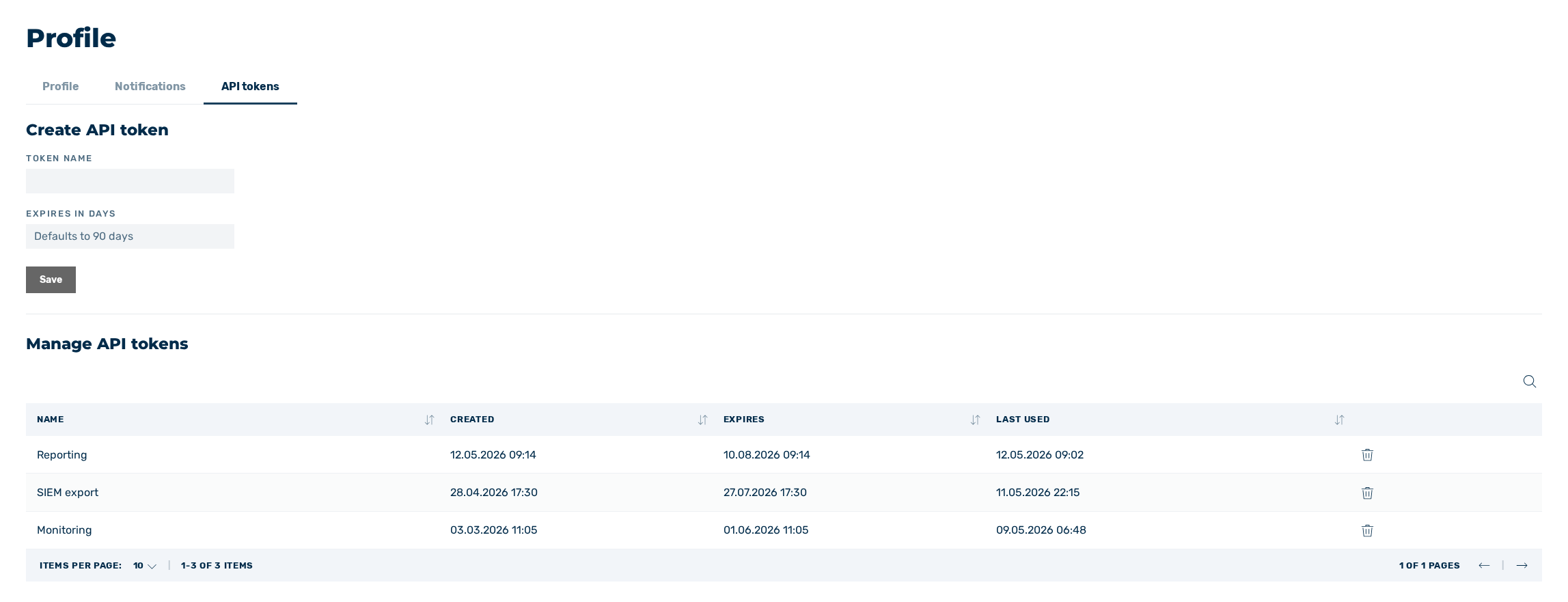 API tokens tab