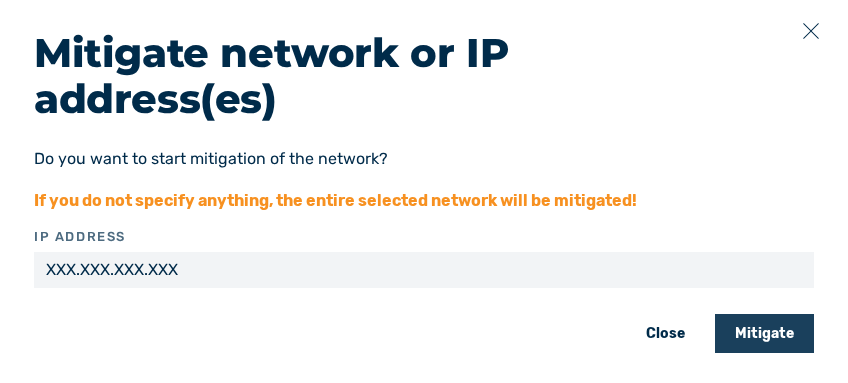 Mitigate network or IP address(es) dialog
