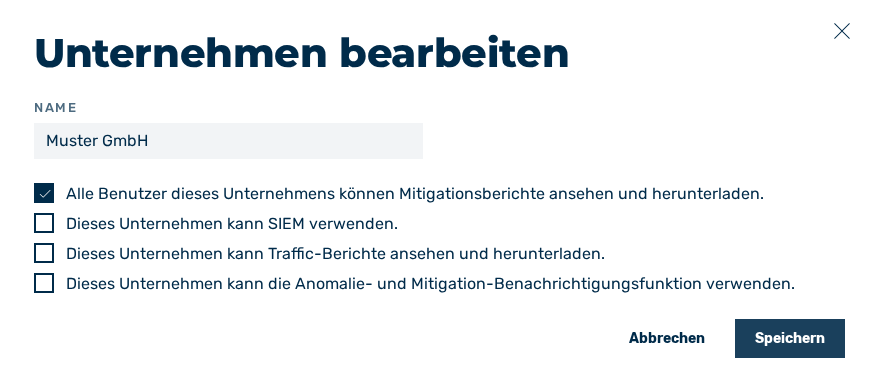 Dialog Unternehmen bearbeiten